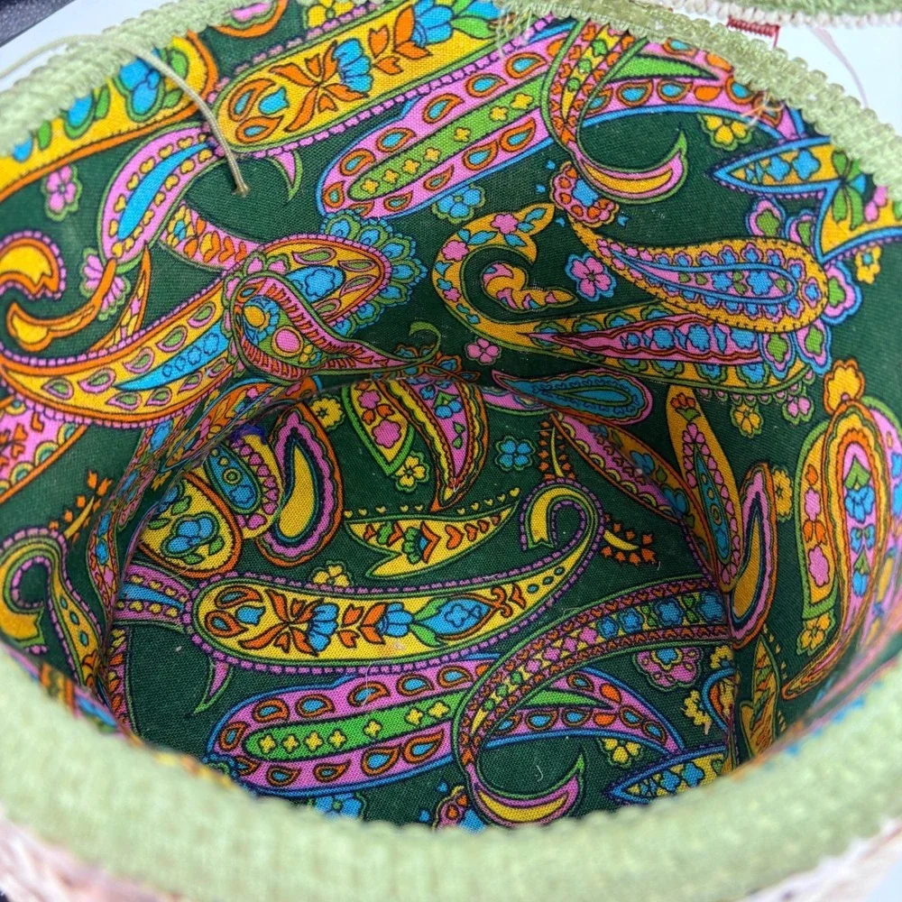 Vintage 1960s Sewing Woven Basket Green Pink  Paisley Fabric Handle Tray Japan